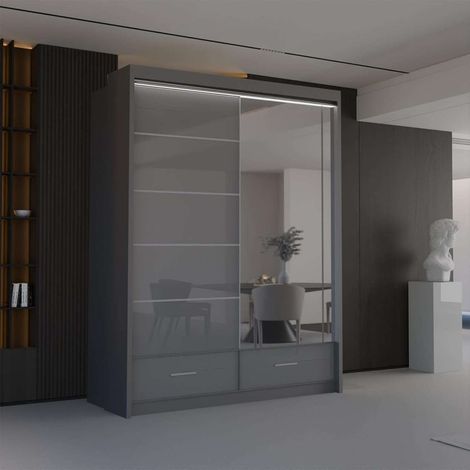 Modern High Gloss Sliding Wardrobe with LED & Mirror - Grey150cm (1/2)