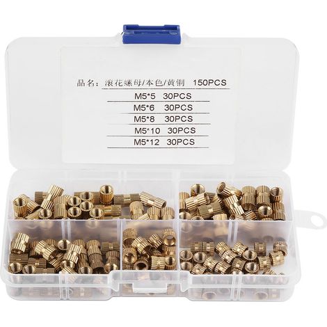 150Pcs M5 Brass Cylinder Knurled Nuts Threaded Insert Nuts Embedded Nuts Assortment Kit