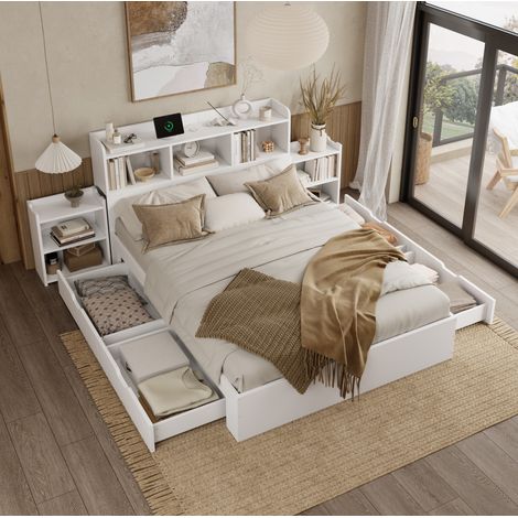 Cama doble moderna 140x200 cm de MDF blanco con cabecero, somier de láminas, 4 cajones y carga Type-C/inalámbrica