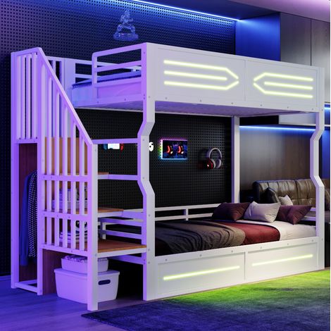 Etagenbett Metall/MDF Weiß 90x200 cm mit Stauraumtreppe, kleinem Schrank und LED-Beleuchtung (1/5)