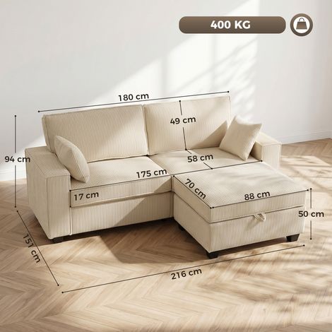 Ecksofa 216 cm 3-Sitzer L-Form Sofa mit Umkehrbarem Aufbwahrungshocker, Cord-Optik, Breiter Sitzfläche, für Wohnzimmer (1/5)