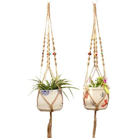 Set di 2 portavasi in macramè con piedini, realizzati in corda e vimini, per vasi di fiori e giardino. Cesto portavasi sospeso.