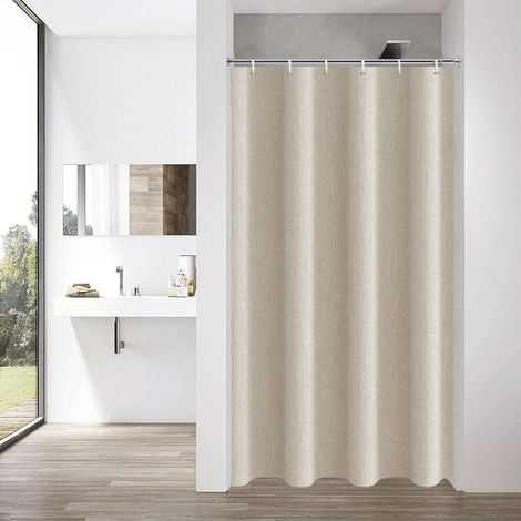 1 Rideau de douche 90x200 cm Faux lin Beige, Tissu déperlant, Crochets inclus, Salle de bain
