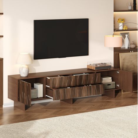 Mobile TV 180x40x56 cm, design ondulato, 4 cassetti e 2 ante, pannello truciolare, colore noce (1/5)