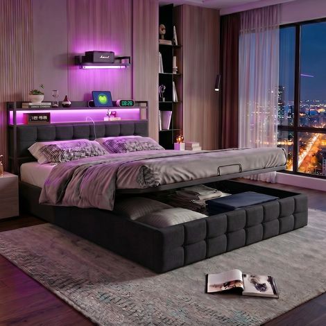 Cama para adultos de 140x190cm – Cama doble – Gris – Cama con colchón de aire y almacenamiento – Tapizada – USB-C – Iluminación LED RGB – Base de láminas (1/4)