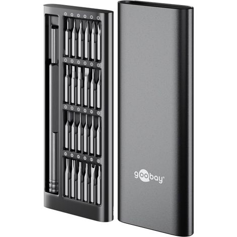goobay Juego de destornilladores de precisión 24 piezas con mango magnético, estuche de aluminio con apertura Pop-up, puntas de acero S2, ideal para electrónica y bricolaje, 77836