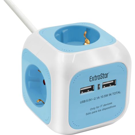 EXTRASTAR 6 in 1 cubo multipresa con USB a 4 prese + 2 porte USB 5 V, 1,5 m, max 3680 W, 16 A, blu, per casa e ufficio (1/5)