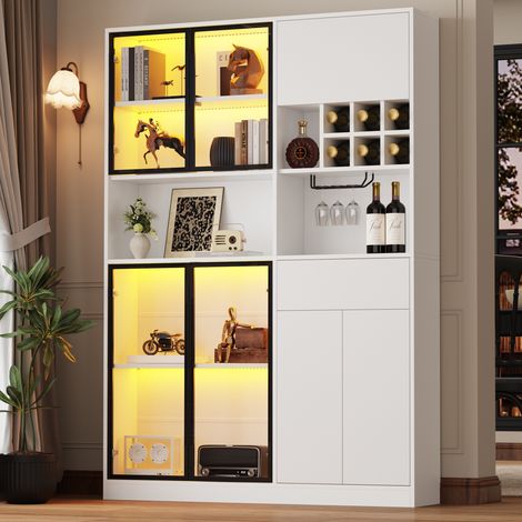 Vitrine standvitrine mit led-beleuchtung 140x30x200 cm - wohnzimmerschrank mit glasschrank 7 türen 1 schublade weinregal holzwerkstoff modern weiss (1/5)