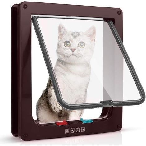Chatière magnétique 4 voies – porte pour chat et petit chien – aimantée sécurité – installation facile sans outil – 23.5x25x5.4 cm – Couleur café
