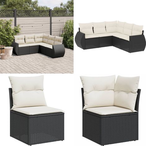 Salon de jardin 5 pcs avec coussins noir résine tressée - Ensemble Salon De Jardin - Mobilier Extérieur - Canapé Jardin - Chaise Lounge - Table Basse - Home & Living (1/5)