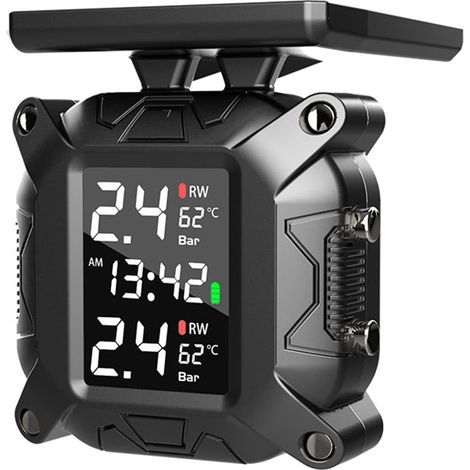 Système de surveillance de la pression des pneus, système de surveillance de la pression des pneus TPMS pour motos, charge solaire, étanche IP67, avec 2 capteurs externes, affichage en temps réel de l (1/5)