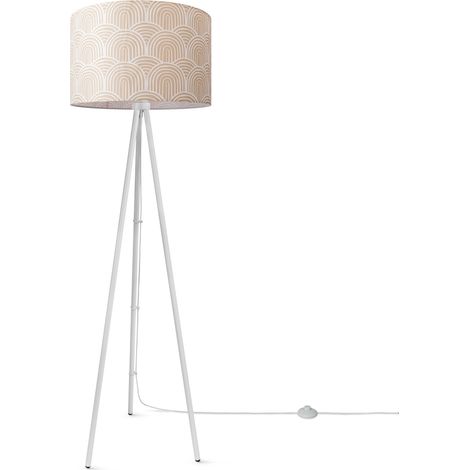 Paco Home Stehlampe Wohnzimmer Lampenschirm Stoff Stehleuchte Leselampe Abstrakt Vintage Design 7 (Ø45,5 cm), Stehleuchte Dreinbein - Weiß