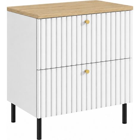 Meuble sous-vasque sur pieds 60 cm, 2 tiroirs, avec plan de travail, fermeture douce, Blanc / Plan chêne clair, pieds noirs, 60 x 44,4 x 73,6 cm (1/5)