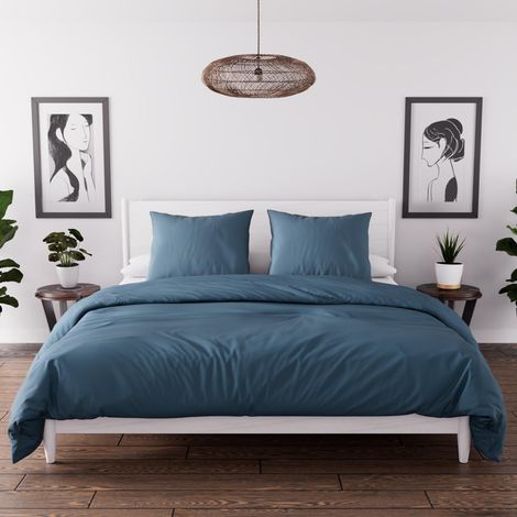 Parure housse de couette en microfibre lavée 260x240 cm BOHEME bleu canard, par Soleil d'Ocre