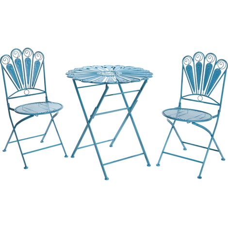 Garden Bistro Set Blue Metal Powder Coated Table and Chairs Peacock Motif Distressed Effect PAVIA