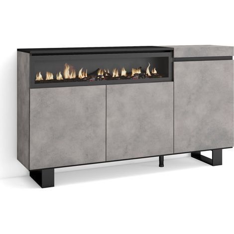 Skraut Home - Aparadores para salón, Gran capacidad de almacenaje, 150x87x35cm, 3 Puertas, Chimenea eléctrica, Diseño industrial, Estilo Moderno, Gris Cemento (1/5)