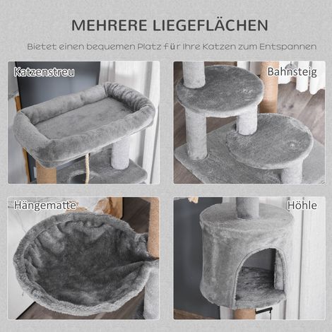 Arbre à chat avec griffoir, 1 cabane, 1 coussin, 1 hamac et jouets inclus, gris clair