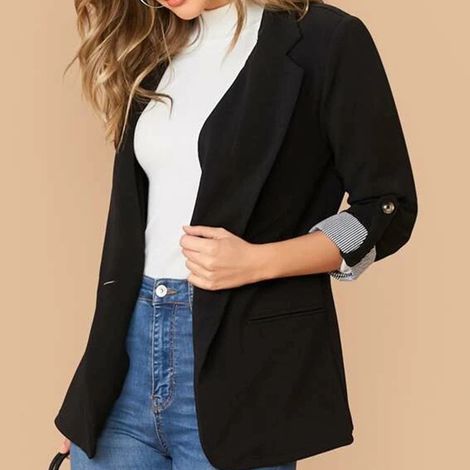 Veste de tailleur femme, col rabattu, manches 3/4, coupe ouverte, noire, taille XL