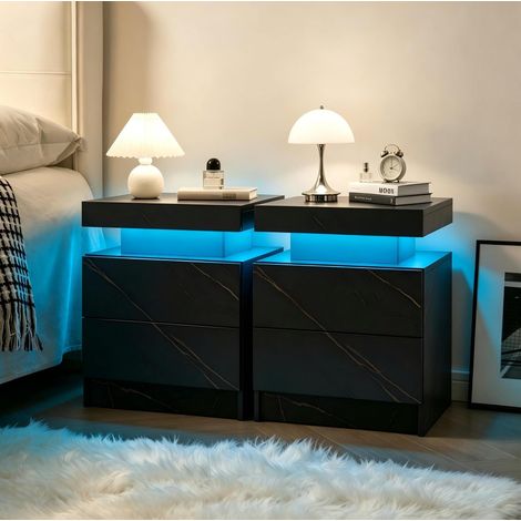 Set di 2 comodini neri e oro in pannello truciolare con LED regolabili e 2 cassetti (1/5)