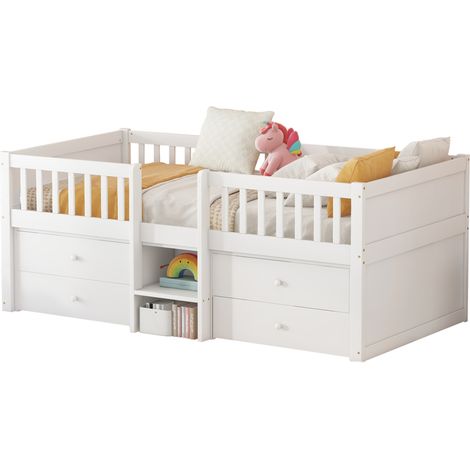 Lit mi-hauteur 90x200 cm avec 4 tiroirs, barrière de sécurité, échelle et rangement, blanc, sans matelas, en pin et MDF - CHICFURN (1/5)