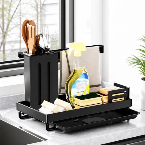 Porte-Éponge Évier Cuisine, Organisateur d’Évier avec Égouttoir Support Éponge Évier Cuisine en Acier au Carbone avec Porte-Savon, Bac Amovible et Barre pour Chiffon, Noir (1/5)