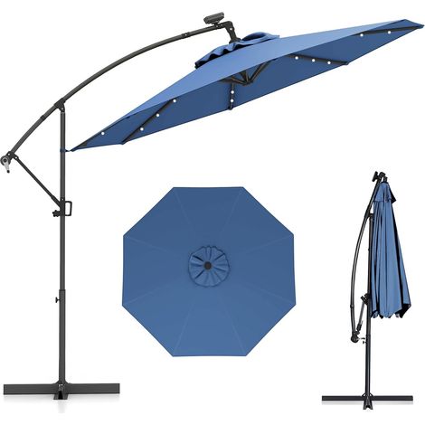 COSTWAY Parasol Déporté Excentré 3M, 32 LED Solaire, Inclinable et Rotation à 360°, 8 Baleines, Base Croisée, Parasol à Manivelle pour Jardin Extérieur, Terrasse, Bord de Piscine Bleu (1/5)
