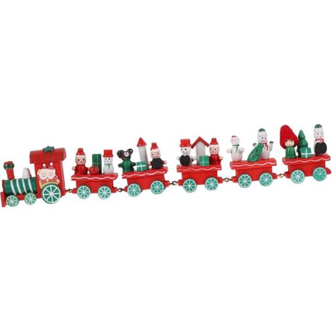 Train de Noël en bois avec 6 wagons – 38 cm, décoration festive rouge et blanche pour sapin ou intérieur (1/5)