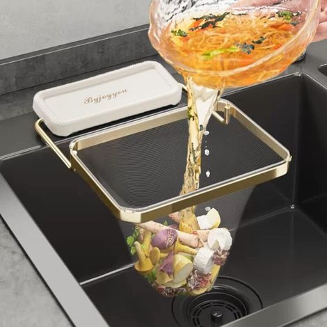 Panier d'angle pliable pour évier de cuisine avec 100 sacs en filet jetables – Filtre récupérateur d'aliments et broyeur à déchets (blanc) (1/4)