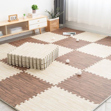Tapis de Sol Mousse Épais 1 cm, Lot de 10 Dalles Emboîtables 60x60 cm Motif Bois, Revêtement de Sol Style Tatami pour Chambre d'Enfant et Aire de Jeux-x (1/2)