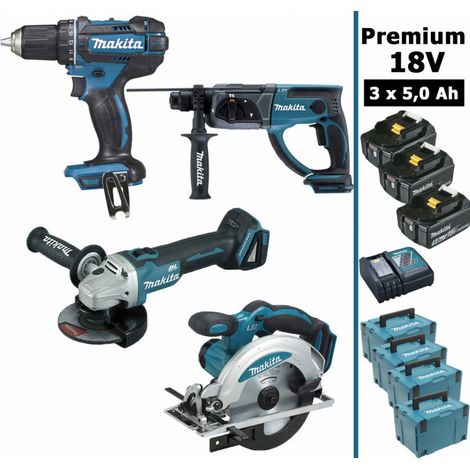 Pack Makita Premium 4 machines 18V 5Ah: Perceuse DDF482 + Meuleuse DGA504 + Perforateur DHR202 + Scie circulaire DSS610 (1/4)