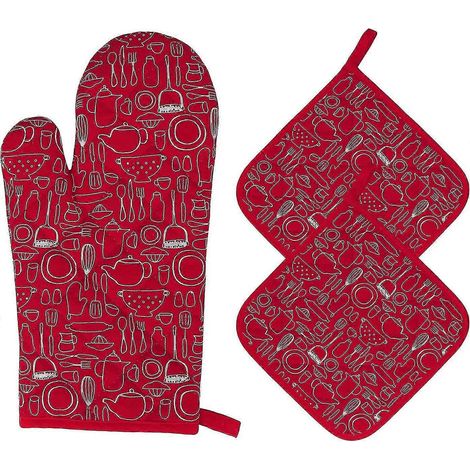 Ensemble de gants et maniques de cuisine, résistant à la chaleur : 1 gant et 2 maniques, 3 pièces (rouge) (1/5)