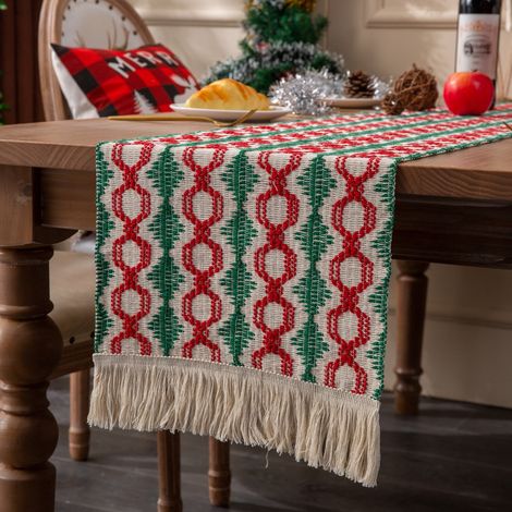 Drape De Table Noël - Coton Tissé Rouge Et Vert - 33x180 cm - Décoration Festive Pour Table Longue - 1 Pièce