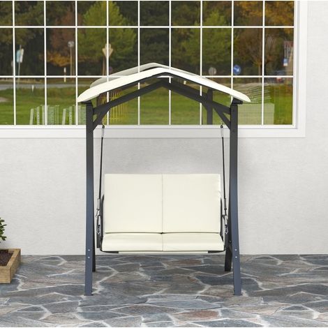 Sillón jardín columpio dos plazas con toldo crema OKMYHOME (1/4)