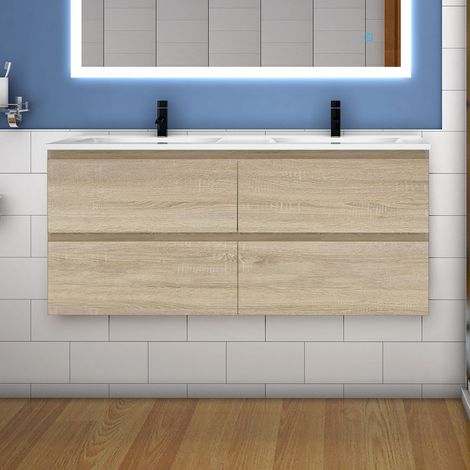 Acezanble 120(L)x46(P)x52(H)cm Acezanble meuble Salle de Bain naturel avec 4 tiroirs à une fermeture amortie avec deux vasques à suspendre