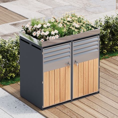 Boîte de rangement pour poubelles avec ventilation à lamelles, verrouillable, deux portes, espace plantation, coffre extérieur pour bacs à déchets (1/5)
