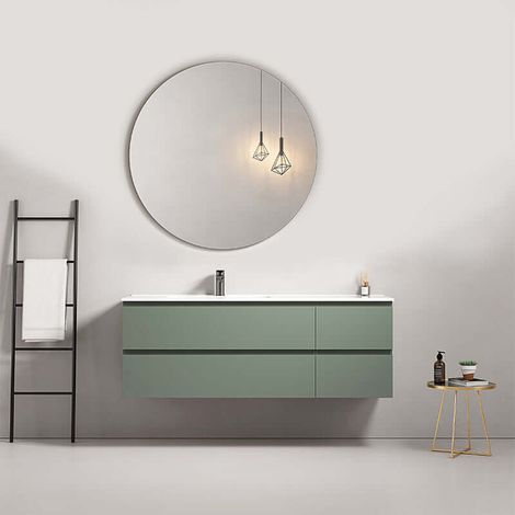 Mobile bagno sospeso 140 cm Verde Salvia Lavabo a Sinistra in Resina Specchio Tondo - Fiji Paint (1/4)