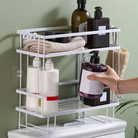 Étagère de toilette épaisse, imperméable, grande capacité, installation sans clous, à fixer au fer à repasser, organisateur de salle de bain double couche blanche (1/5)