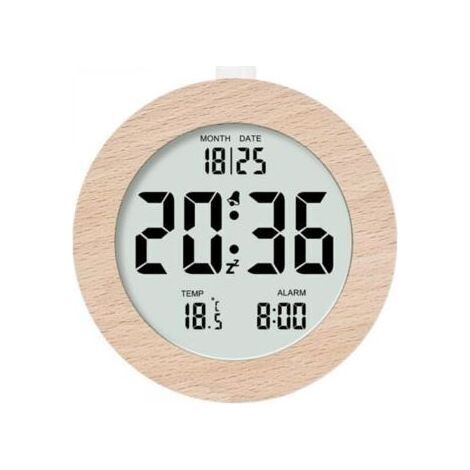 Runder digitaler Wecker aus Holz, Morgenwecker, LCD-Digitaluhr mit Datums-, Temperatur-, Schlummer- und Hintergrundbeleuchtungsanzeige, batteriebetriebener Digitalwecker (1/5)