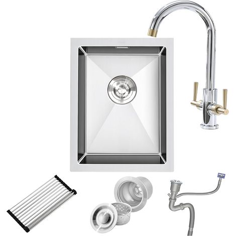 Petit Évier de Cuisine Inox 35 x 45 cm, 1 Bac avec Robinet Double Poignée Eau Chaude et Froide, Pose Sous Plan ou Sur Plan, Finition Brossée – Inclut Bonde, Trop-plein et Kit de Vidange (1/5)