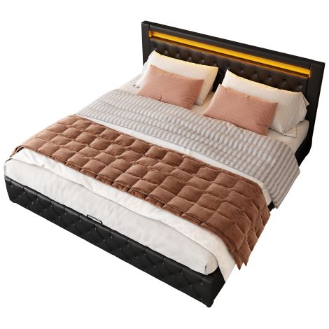 Lit rembourré 180 x 200 cm lit fonctionnel avec sommier à lattes et espace de rangement,éclairage LED en différentes couleurs,noir,PU (1/5)