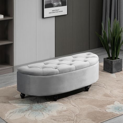 Aufbewahrungsbank, gesteppte, halbrunde Aufbewahrungsbox für das Kopfteil mit Samtbezug, Beine aus Gummibaumholz, für Wohnzimmer, Schlafzimmer, Eingangsbereich, 120 x 46 x 42 cm, grau (1/5)
