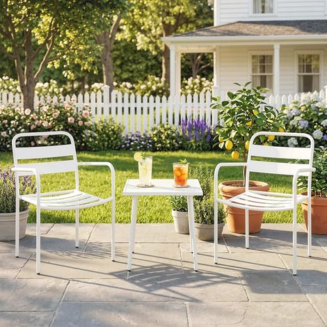 Ensemble bistrot 3 Blanc pièces table basse verre + 2 chaises mobilier extérieur