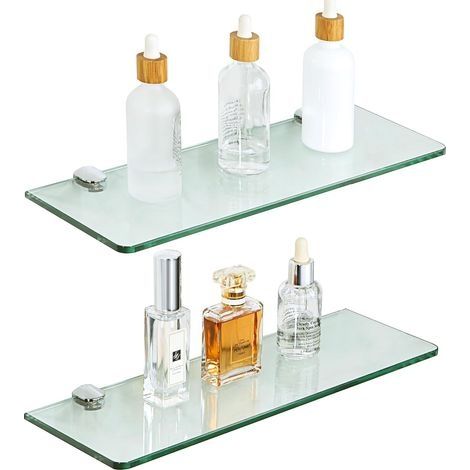 Étagère Murale en Verre Tablette Salle de Bain, Étagère de Douche en Verre Transparent Trempé de 7mm Épaisseur et Chromé Poli Supports, 2 Pcs Longueur 38cm, EGBL1012R-C-2P (1/5)