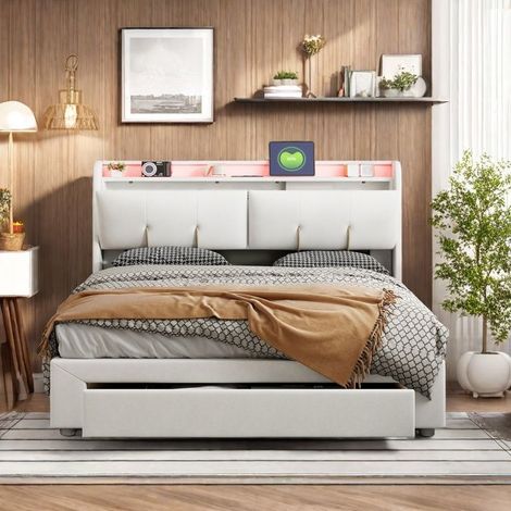 Bett 160x200 cm - TANANT - Doppelbett - Stauraum mit Schublade - LED-Beleuchtung - USB-Anschlüsse