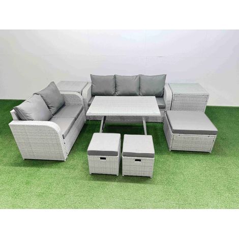 Fimous Outdoor PE Rattan Garden Furniture Set Rectangular Dining Table Sofa Set with 3 Stool 2 Side Tables Light Grey (1/4)