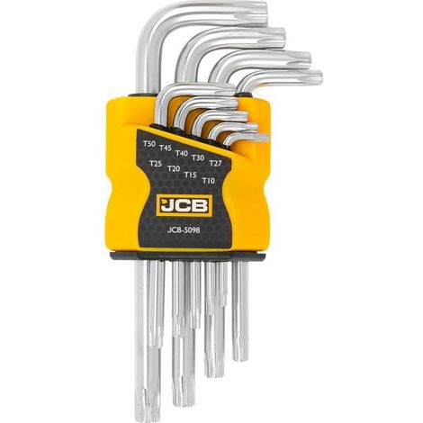 Juego de 9 llaves 5098 TORX JCB T10-T50, para reparación y mantenimiento, acero Cr-V, diseño ergonómico, punta TORX, alta resistencia a corrosión y daños mecánicos, precisión y durabilidad.
