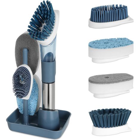 Spülbürsten-Set mit Spülmittelspender, Seifenspenderbürste mit Halter und 6 Ersatzbürsten, Küchenbürste zum Reinigen von Töpfen und Spülbecken (Blau) (1/5)