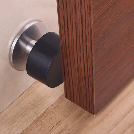 1 butée de porte adhésive en acier inoxydable avec caoutchouc antichoc pour fixation murale ou au sol (40 mm, noir)