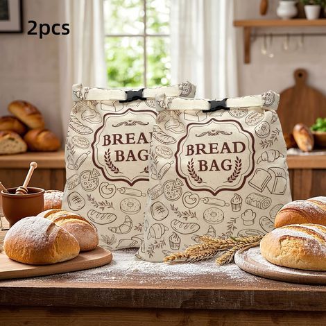 Set mit 2 wiederverwendbaren Brottaschen aus bienenwachsbeschichtetem Stoff. Druckknopfverschluss. Quadratische Form. (1/5)