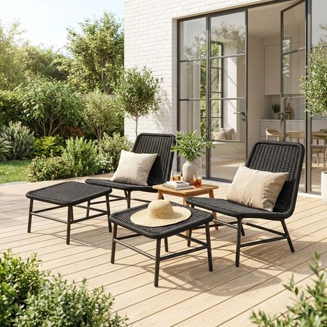Lot de 2 fauteuils relax et repose pieds aluminium et corde anthracite - Laguna (1/5)